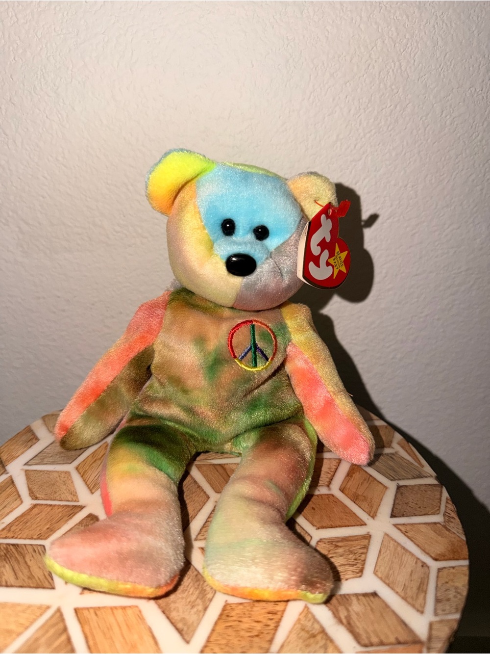 Ty Multicolor Tie-Dye Peace Bear Plush - Blue, Yellow, Green, Pink
